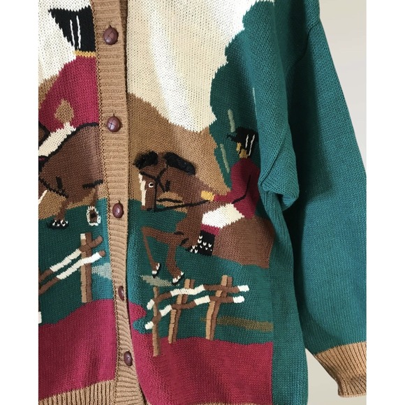Vintage Koret 1990s Equestrian theme Horses Animal Preppy Knit Cardigan Sz Large - Picture 3 of 6